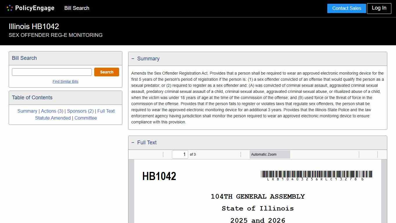 HB1042 | Illinois 2025-2026 | SEX OFFENDER REG-E MONITORING - Legislative Tracking | PolicyEngage
